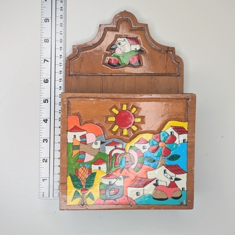 Vintage La Palma El Salvador Hand Painted Folk Mosaic Wood Letter Box Key Hook - Picture 3 of 5